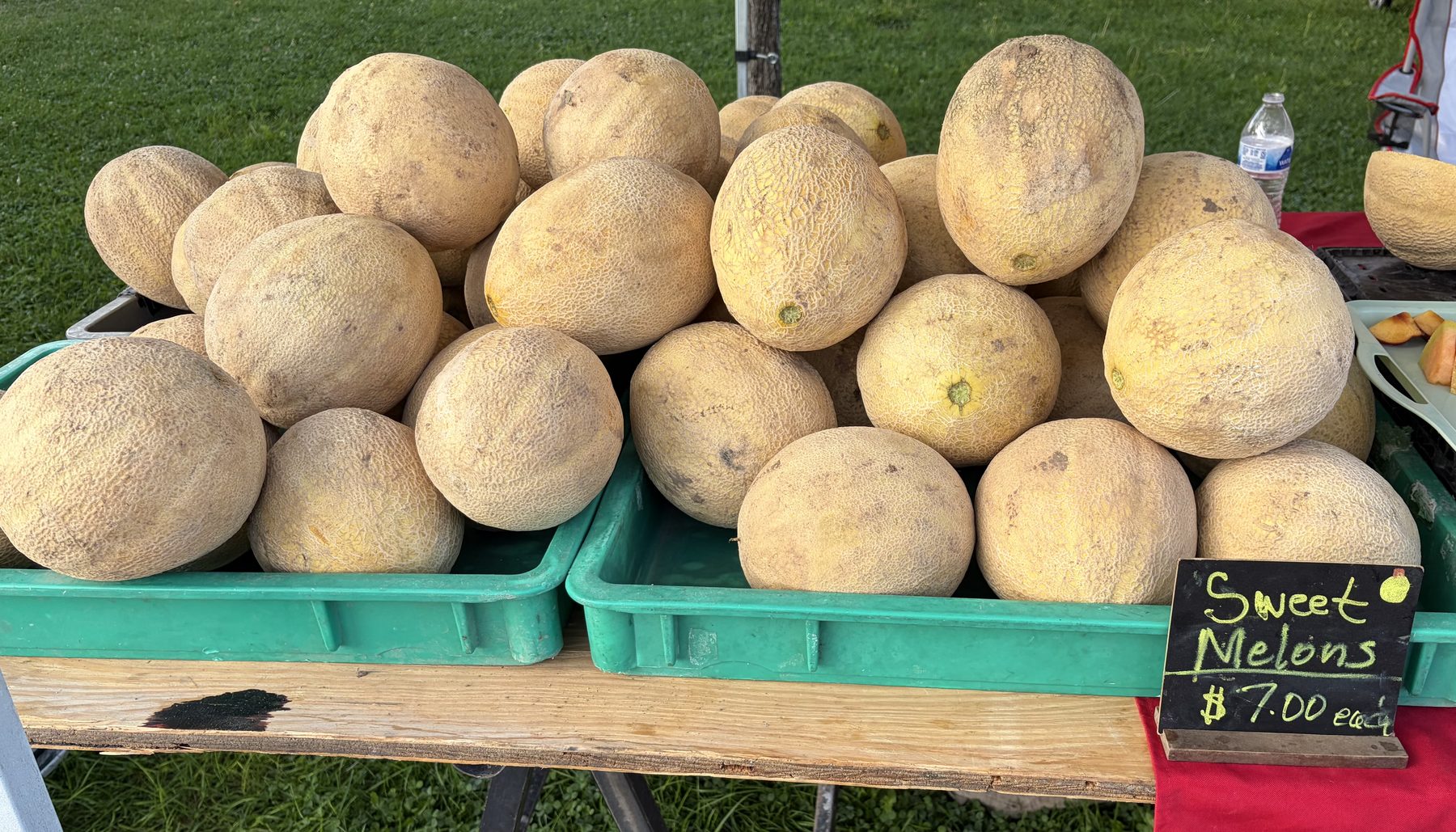 Two green crates heaped with cantaloupes on a market table, beside a chalkboard reading Sweet Melons $7.00 each